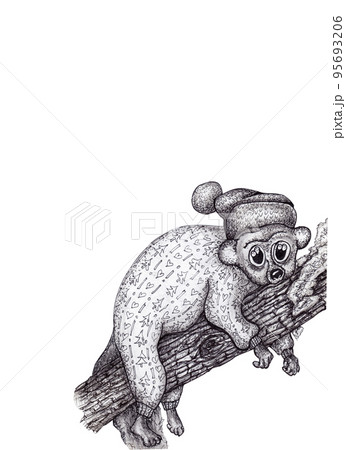 A lazy animal in pajamas is resting on a tree branch. Graphic illustration isolated 95693206