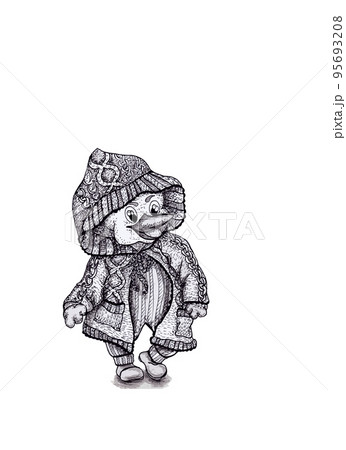 Hand drawn duck in warm clothes. Graphic illustration isolated 95693208