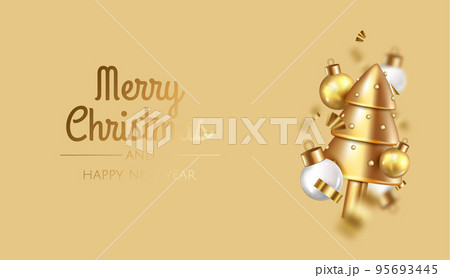Christmas bright tree. Happy New Year and Merry Christmas. Realistic 3d design of objects, snowflakes,christmas ball. Vector illustration 95693445