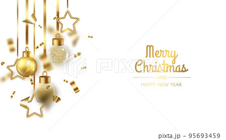 Merry Christmas and Happy New Year. Xmas Festive background with realistic 3d red balls. Merry Christmas and Happy New Year. Xmas Festive background with realistic 3d red balls. 95693459