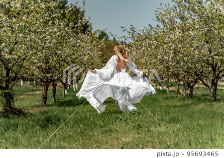 A woman in a white dress runs through a blossoming cherry orchard. The long dress flies to the sides, the bride runs rejoicing in life. A woman in a white dress runs through a blossoming cherry orchard. The long dress flies to the sides, the bride runs rejoicing in life. 95693465