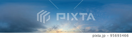 Dark blue twilight sky panorama with Cumulus clouds. Seamless hdr 360 panorama in spherical equiangular format. Full zenith or sky dome for 3D visualization, sky replacement for aerial drone panoramas 95693466