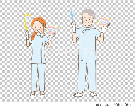 歯磨きの指導をする男女の歯科衛生士のベクターイラスト素材 95693565