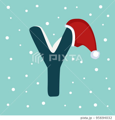 Letter Y with snow and red Santa Claus hat. Festive font for Christmas and New Year 95694032