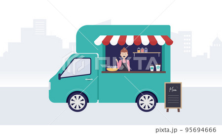 キッチンカーで移動販売を開業した若い女性店長のイラスト素材 95694666