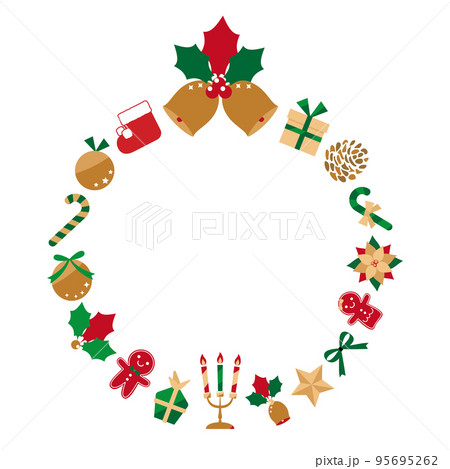 かわいいクリスマスのモチーフを散らしたリース・金色ベース 95695262