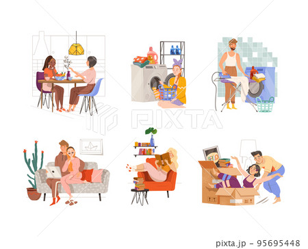 Everyday life routine scenes set. People meeting friends, doing laundry, ironing, reading book, having fun vector illustration Everyday life routine scenes set. People meeting friends, doing laundry, ironing, reading book, having fun vector illustration 95695448