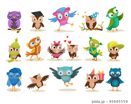 Funny Owl and Owlet as Woodland Bird Engaged in Different Activity Big Vector Set Funny Owl and Owlet as Woodland Bird Engaged in Different Activity Big Vector Set 95695559