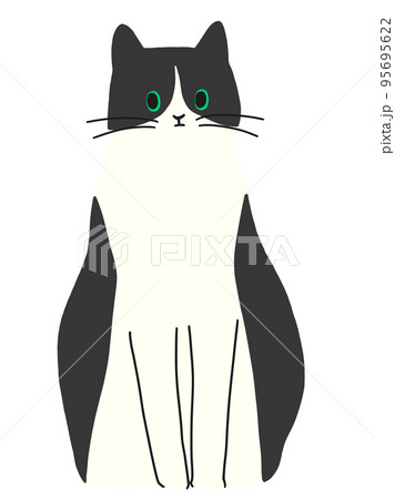 おどけた顔で座る白黒はちわれ猫のイラスト素材 [95695622] - PIXTA