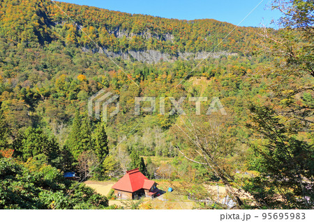 秋の秋山郷 清水川原の一軒家 95695983