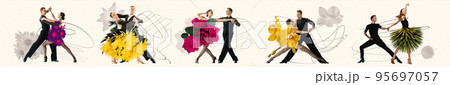 Collage with beautiful couples of ballroom dance dancers in creative floral outfits dancing over light background. Concept of art, music, fashion. 95697057