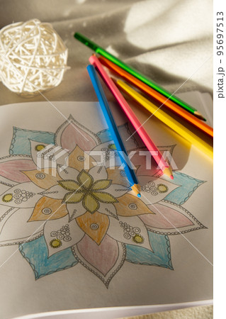 Mandalas antistress page to combat stress. Relaxing hobby mental wellbeing and art therapy. Meditative process of coloring pages. Self expression by art Mandalas antistress page to combat stress. Relaxing hobby mental wellbeing and art therapy. Meditative process of coloring pages. Self expression by art 95697513