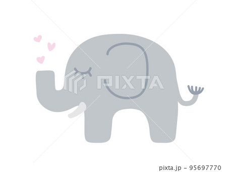 Cute Sleeping Baby Elephant with Hearts. Little Elephant Doodle Illustration for Prints, Posters, T-shirt Print, Postcard. Vector Illustration in Hand Drawing Cartoon Style. 95697770