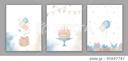 Birthday greeting cards. Watercolor templates for party celebrate with presents and balloons. Design for baby boy or girl shower with cake and garlands. Decorative Backgrounds 95697787