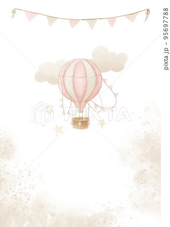 Poster with pink Hot Air Balloon flying in the sky and party garland. Template for text for Baby girl Shower or Birth Party. on white background. Watercolor illustration for Placard 95697788