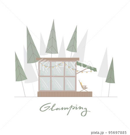 Glamping wood house with big window, terrace around pine forest for convenient camping trip. Calm wild life. Glamping wood house with big window, terrace around pine forest for convenient camping trip. Calm wild life. 95697885