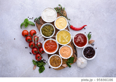Set of different sauces. Ketchup, mustard and mayonnaise 95698186