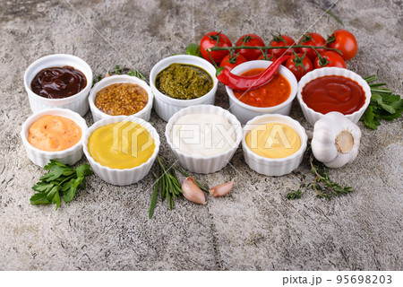 Set of different sauces. Ketchup, mustard and mayonnaise Set of different sauces. Ketchup, mustard and mayonnaise 95698203