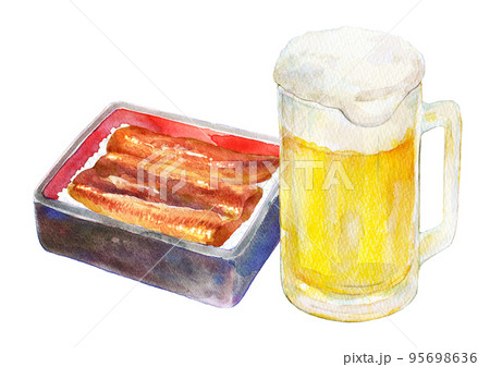 水彩イラスト　鰻重とビールのセット 95698636