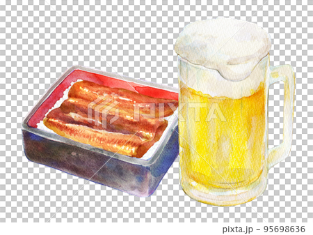 水彩イラスト　鰻重とビールのセット 95698636