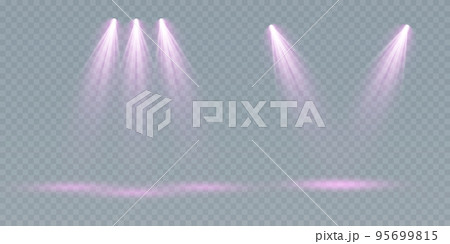 Set of vector spotlights. various forms of light, purple color. stage projector. Stage background, American spotlight. Light effects. Previous illustration. Set of vector spotlights. various forms of light, purple color. stage projector. Stage background, American spotlight. Light effects. Previous illustration. 95699815