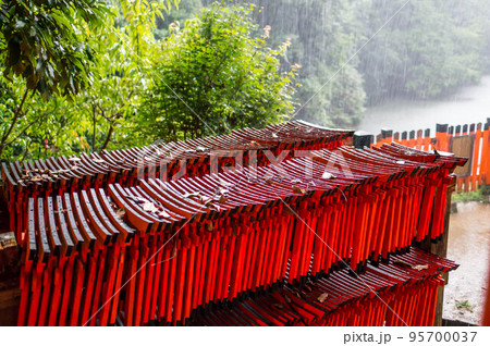 京都 雨の伏見稲荷大社で水に濡れる小さな鳥居 95700037
