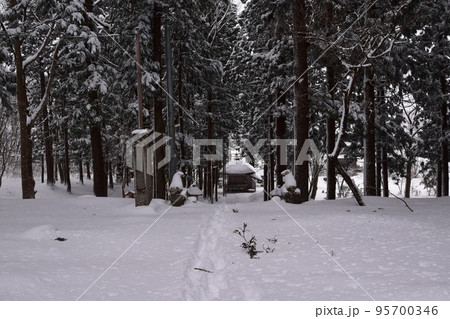 安久津八幡宮神社の中の雪の中に足跡の道がある風景 安久津八幡宮神社の中の雪の中に足跡の道がある風景 95700346