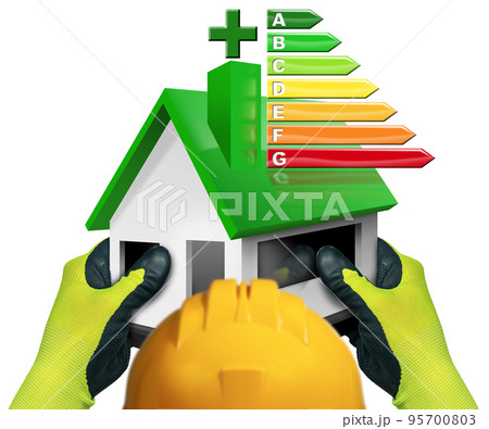 Construction Worker Holding a Small Model House with Energy Performance Chart 95700803