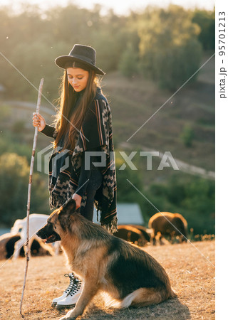 Female shepherd with a dog grazes a flock on the lawn 95701213