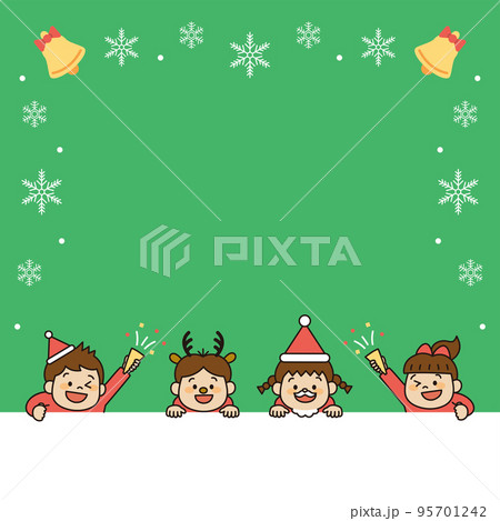 クリスマスパーティーをする子供のイラスト 正方形 フレームのイラスト素材