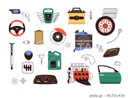 Flat design vector illustration of car parts, spares and accessories. Set includes auto parts such as engine, gearbox, transmission, wheel, battery, brakes, dashboard, filter, tools and radiator. 95701430
