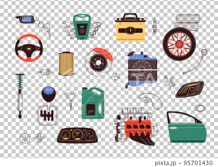 Flat design vector illustration of car parts, spares and accessories. Set includes auto parts such as engine, gearbox, transmission, wheel, battery, brakes, dashboard, filter, tools and radiator. 95701430