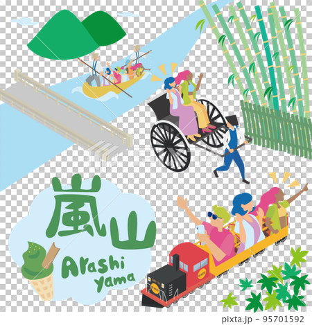 京都の嵐山のグルメやイベント 観光スポットを満喫する観光客のアイソメイラストのイラスト素材