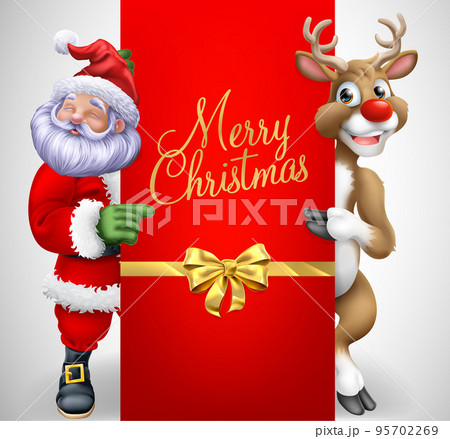 Santa Claus Father Christmas And Reindeer Signのイラスト素材 