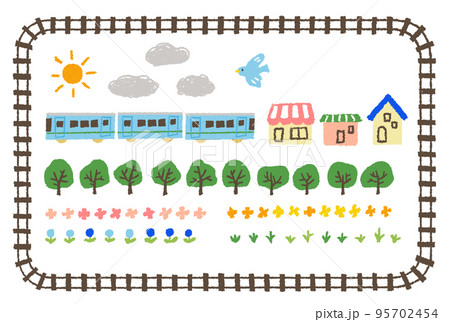 シンプルな線路のフレームイラストと電車 植物 建物などの背景イラスト素材セットのイラスト素材