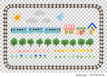 簡單鐵軌的框架插圖，火車、植物、建築物等的背景插圖材料集。 95702454
