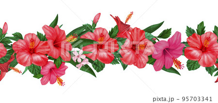 Seamless watercolor tropical flowers red and delicate pink hibiscus with leaves and bud, flowery Hawaiian composition.Perfect for card, postcard, tags, invitation, printing Seamless watercolor tropical flowers red and delicate pink hibiscus with leaves and bud, flowery Hawaiian composition.Perfect for card, postcard, tags, invitation, printing 95703341