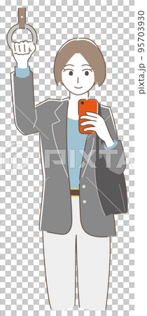 一個穿西裝的女人在火車上使用智能手機 95703930