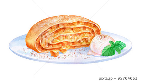 Watercolor illustration of Apple Strudel on plate 95704063