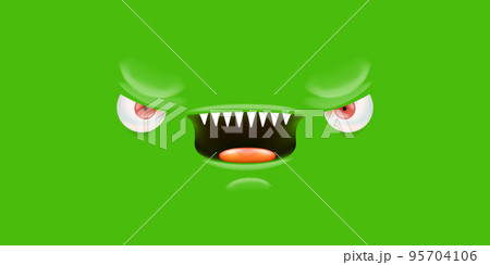 Vector angry green monster face with open mouth with fangs and evil eyes isolated on green horizontal background. Halloween cute and angry monster design template for poster, banner and tee print 95704106