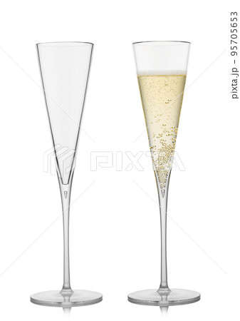 Champagne full and empty fine crystal elegant glasses on white. Champagne full and empty fine crystal elegant glasses on white. 95705653