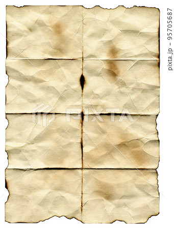 Old rough paper with burnt edges. Crumpled sheet of paper. 95705687