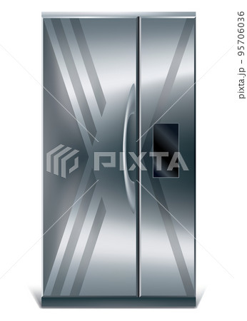 Gray vertical fridge for preserve food. Silver refrigerator with two doors. Modern cooler for home, products storage Gray vertical fridge for preserve food. Silver refrigerator with two doors. Modern cooler for home, products storage 95706036