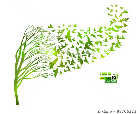Tree silhouette with green birds flying. A flock of birds fly south in autumn. Vector illustration Tree silhouette with green birds flying. A flock of birds fly south in autumn. Vector illustration 95706223