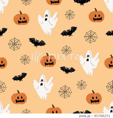 Halloween seamless pattern design. Pumpkins, bats, ghost and web in doodle style. Vector illustration. Background for wallpaper, wrapping and backdrop 95706251