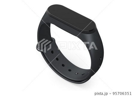 Black fitness tracker or smart watch with heart rate monitor isolated on white background. 3d render of sport equipment for active training and wearable device. 95706351
