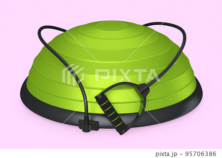Green fitness ball with hand expander isolated pink background. 3d rendering of sport equipment for fitness, yoga and active workout Green fitness ball with hand expander isolated pink background. 3d rendering of sport equipment for fitness, yoga and active workout 95706386