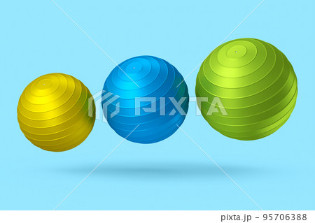 Multicolor fitball or fitness ball isolated blue background. 3d rendering of sport equipment for fitness, yoga and active workout 95706388