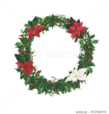 Wreath Poinsettia, Mistletoe, holly Christmas isolated on white. Watercolor hand drawn frame. Illustration for design 95706470