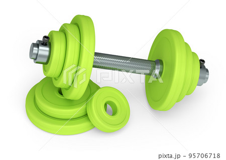 Metal dumbbell with green disks isolated on white background 95706718